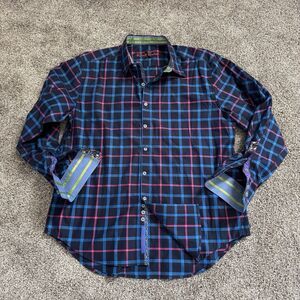 Robert Graham X Plaid Striped Blue Pink Cotton Button Up Shirt Men’s Size 2XL